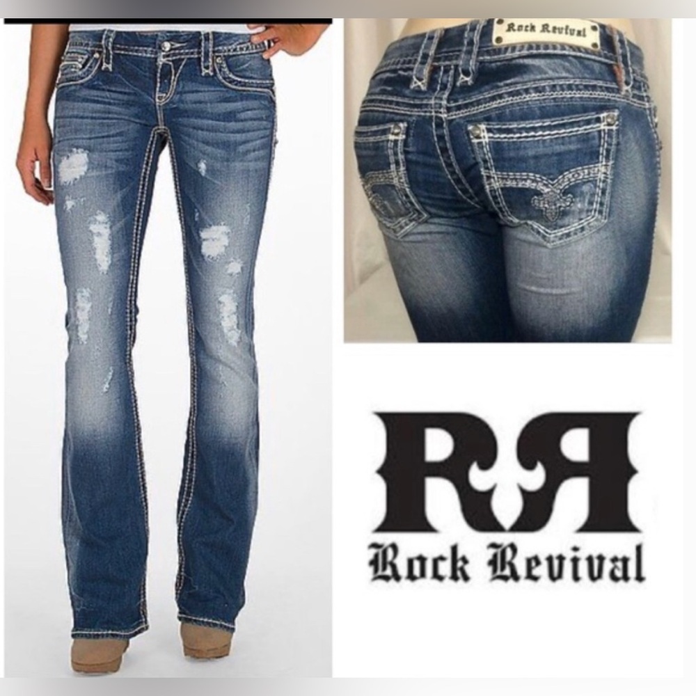 Rock Revival Teresa Bootcut Jean Distressed Rhinestone Western 28 Whiskered Bold